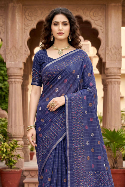 Sangam Prints Navy Blue Cotton Print Woven Work Traditional Saree - Dista