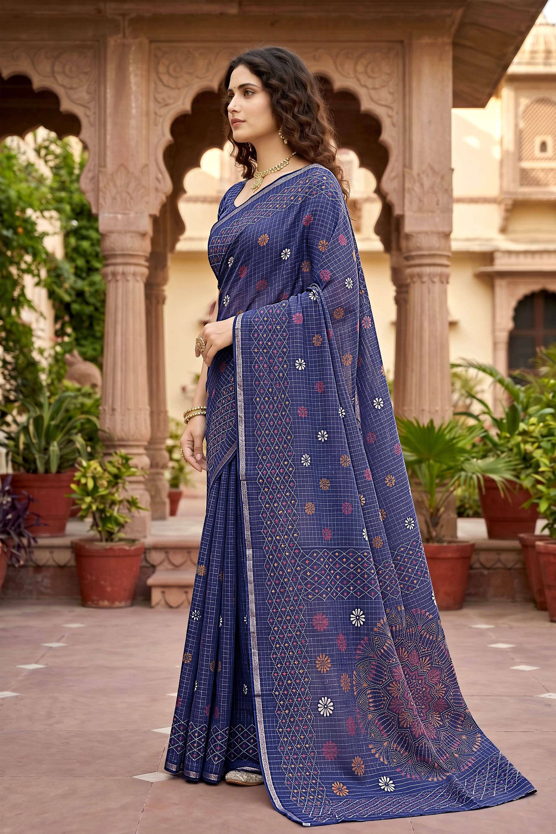 Sangam Prints Navy Blue Cotton Print Woven Work Traditional Saree - Dista