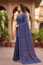 Thumbnail for Sangam Prints Navy Blue Cotton Print Woven Work Traditional Saree - Dista