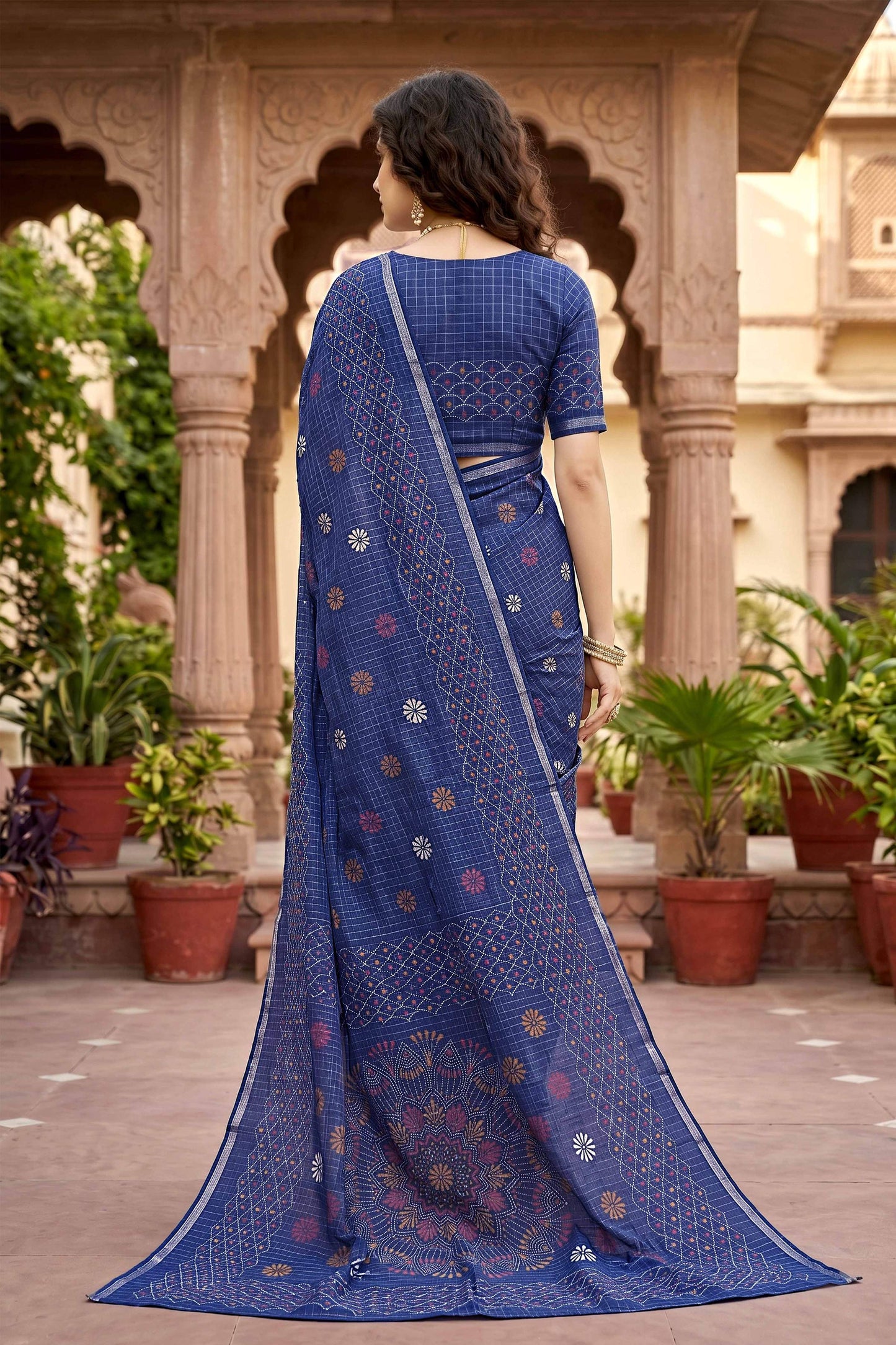 Sangam Prints Navy Blue Cotton Print Woven Work Traditional Saree - Dista