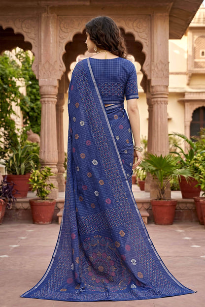 Sangam Prints Navy Blue Cotton Print Woven Work Traditional Saree - Dista