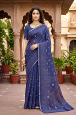 Thumbnail for Sangam Prints Navy Blue Cotton Print Woven Work Traditional Saree - Dista