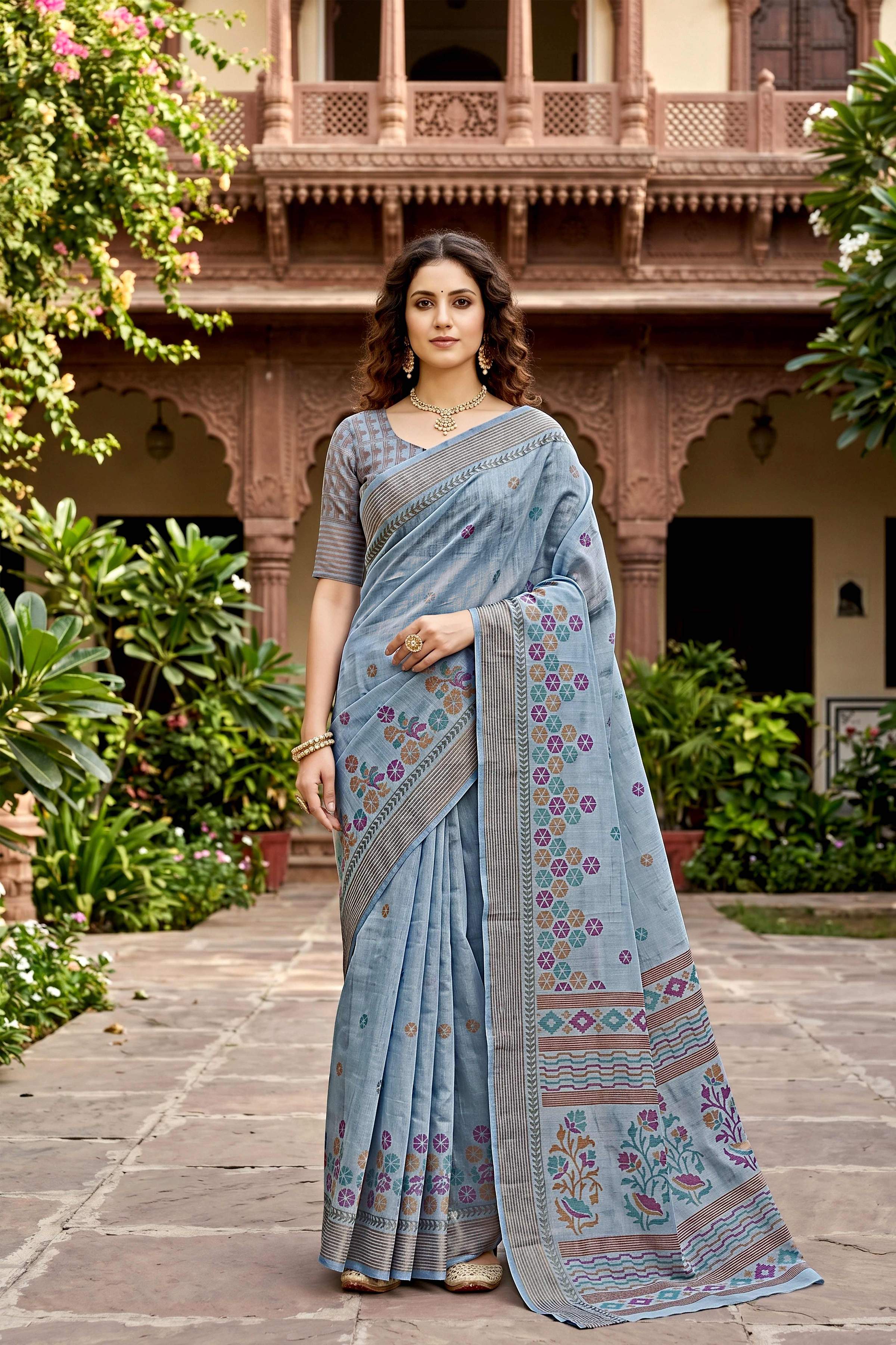 Sangam Prints Gray Cotton Print Woven Work Traditional Saree - Dista
