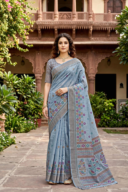 Sangam Prints Gray Cotton Print Woven Work Traditional Saree - Dista