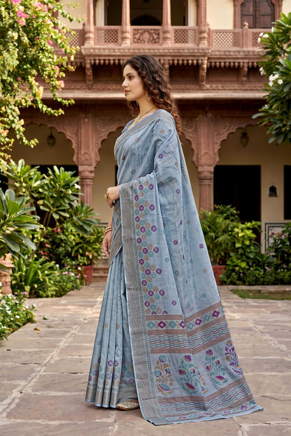 Sangam Prints Gray Cotton Print Woven Work Traditional Saree - Dista