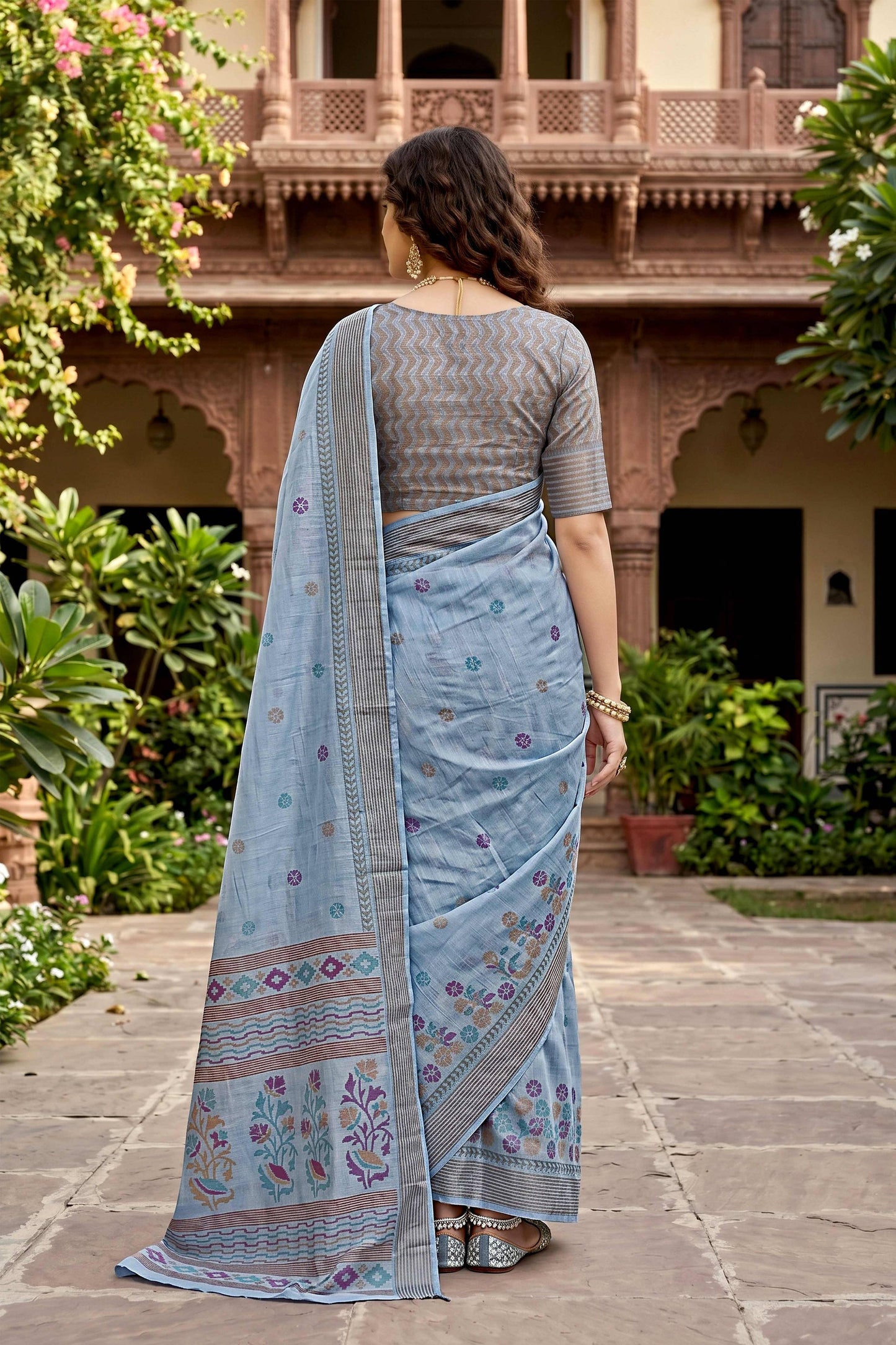 Sangam Prints Gray Cotton Print Woven Work Traditional Saree - Dista