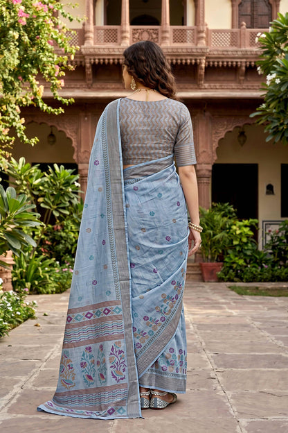 Sangam Prints Gray Cotton Print Woven Work Traditional Saree - Dista