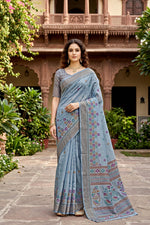 Thumbnail for Sangam Prints Gray Cotton Print Woven Work Traditional Saree - Dista