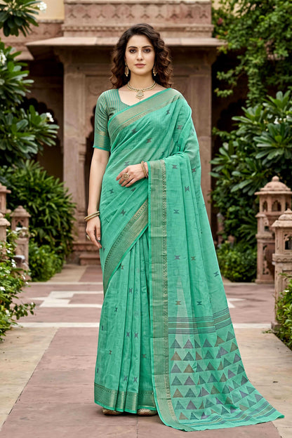 Sangam Prints Mint Green Cotton Print Woven Work Traditional Saree - Dista