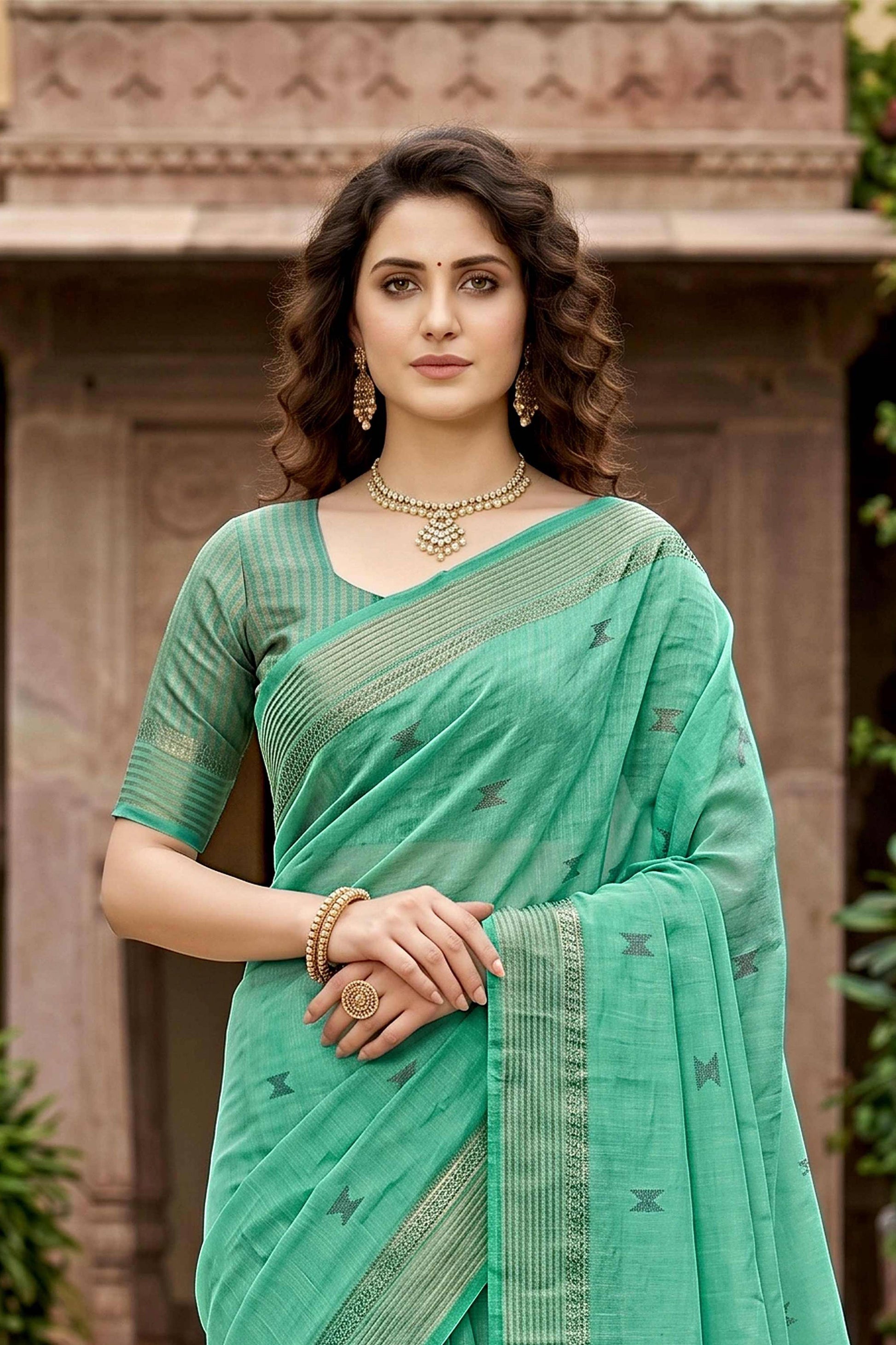 Sangam Prints Mint Green Cotton Print Woven Work Traditional Saree - Dista