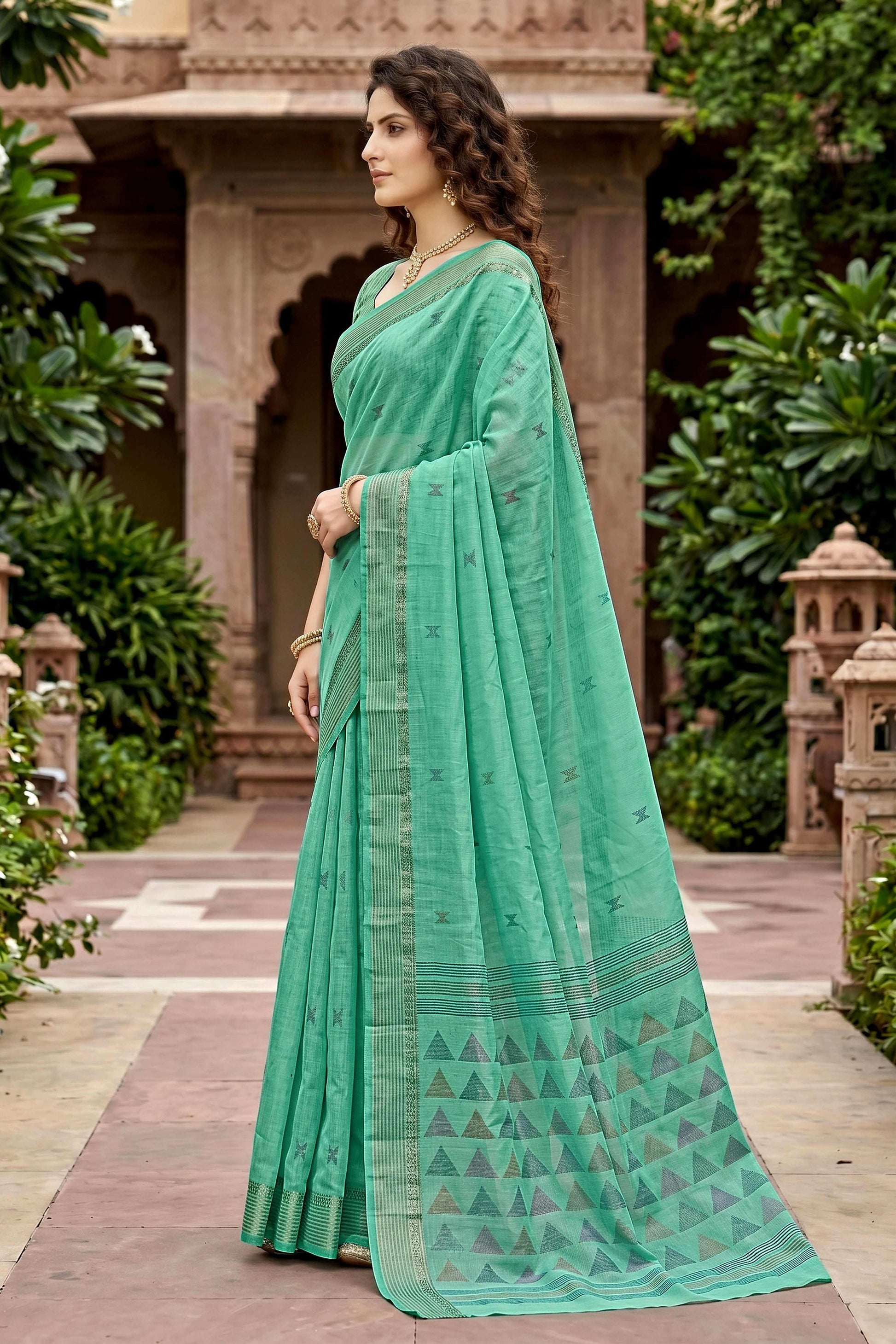 Sangam Prints Mint Green Cotton Print Woven Work Traditional Saree - Dista