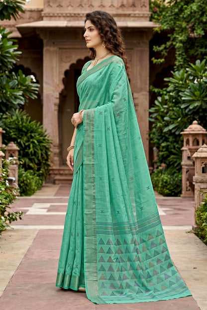 Sangam Prints Mint Green Cotton Print Woven Work Traditional Saree - Dista