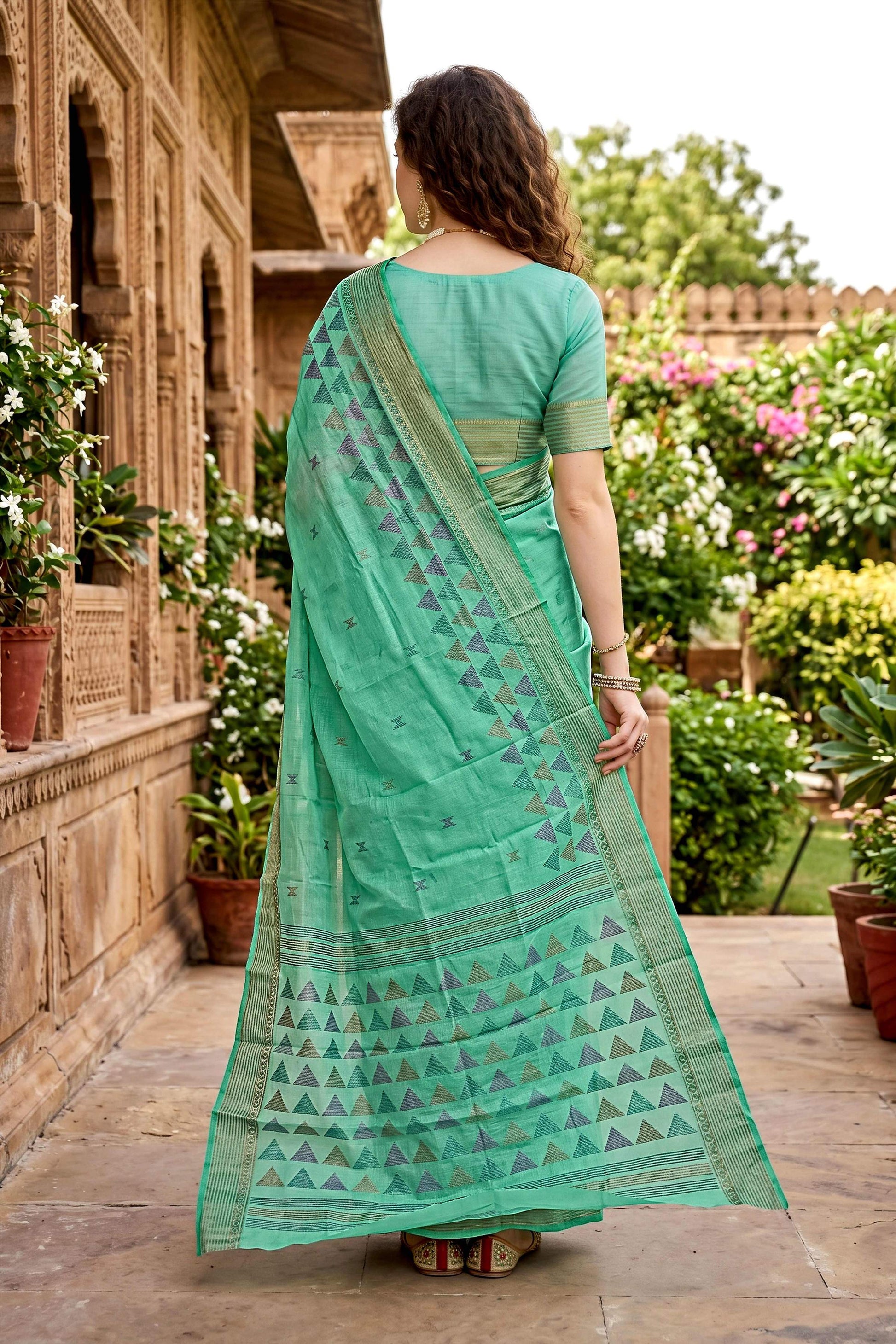 Sangam Prints Mint Green Cotton Print Woven Work Traditional Saree - Dista