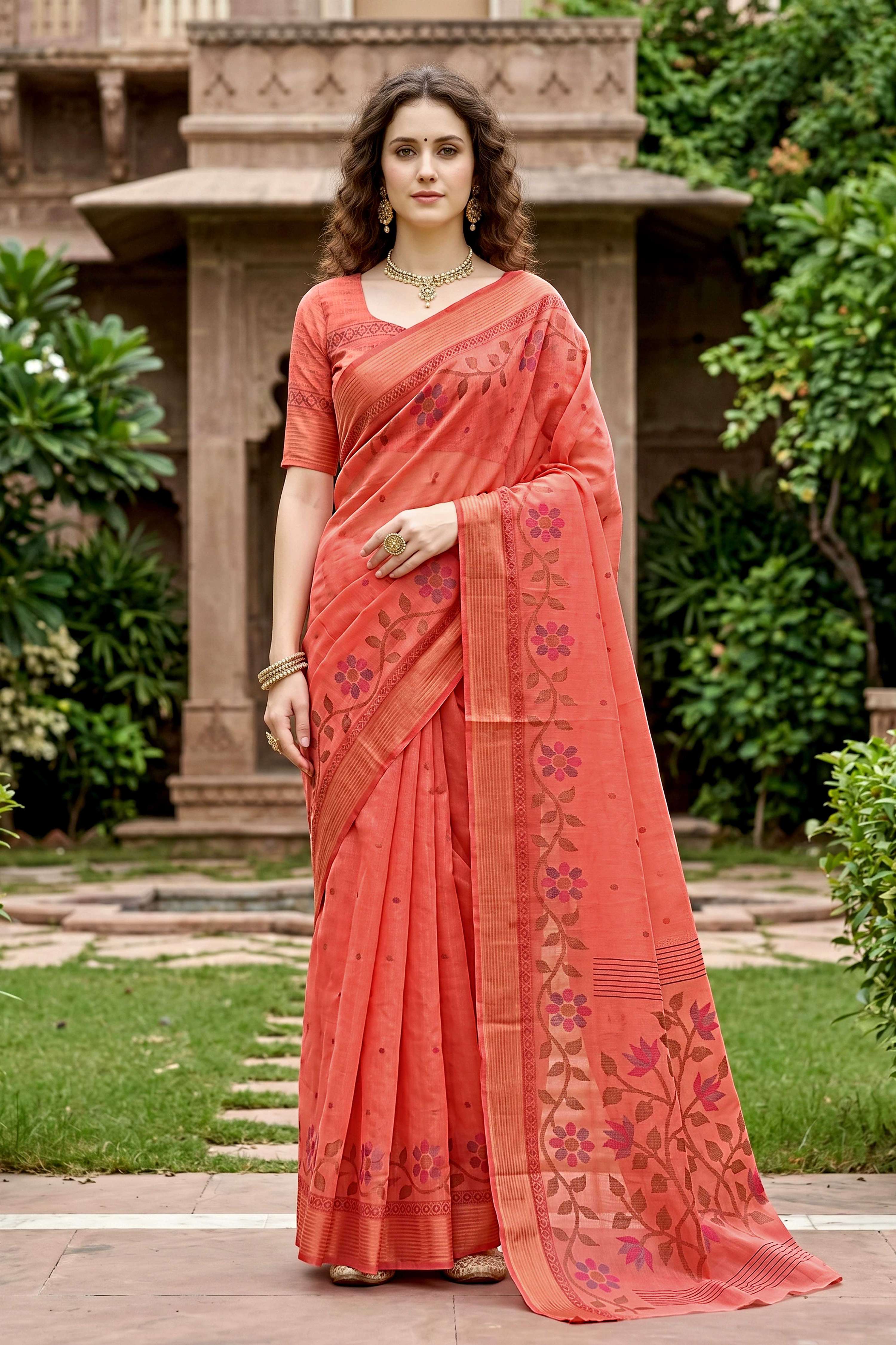 Sangam Prints Coral Orange Cotton Print Woven Work Traditional Saree - Dista