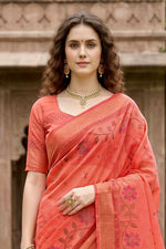 Thumbnail for Sangam Prints Coral Orange Cotton Print Woven Work Traditional Saree - Dista