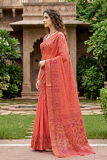 Thumbnail for Sangam Prints Coral Orange Cotton Print Woven Work Traditional Saree - Dista