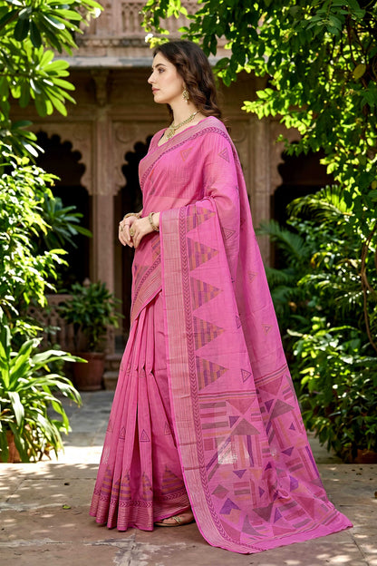 Sangam Prints Rani Pink Cotton Print Woven Work Traditional Saree - Dista