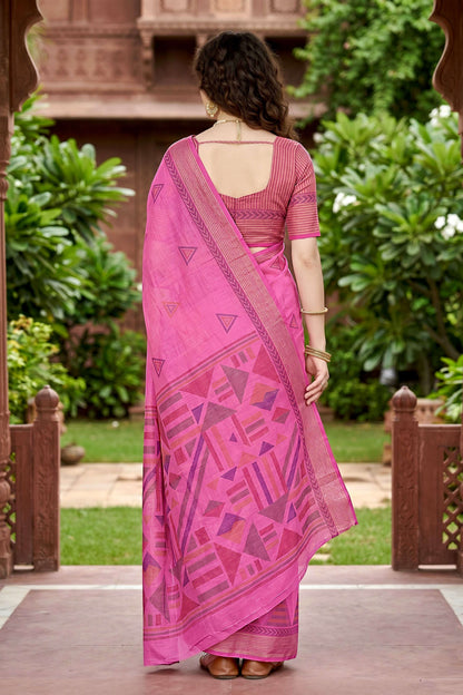 Sangam Prints Rani Pink Cotton Print Woven Work Traditional Saree - Dista