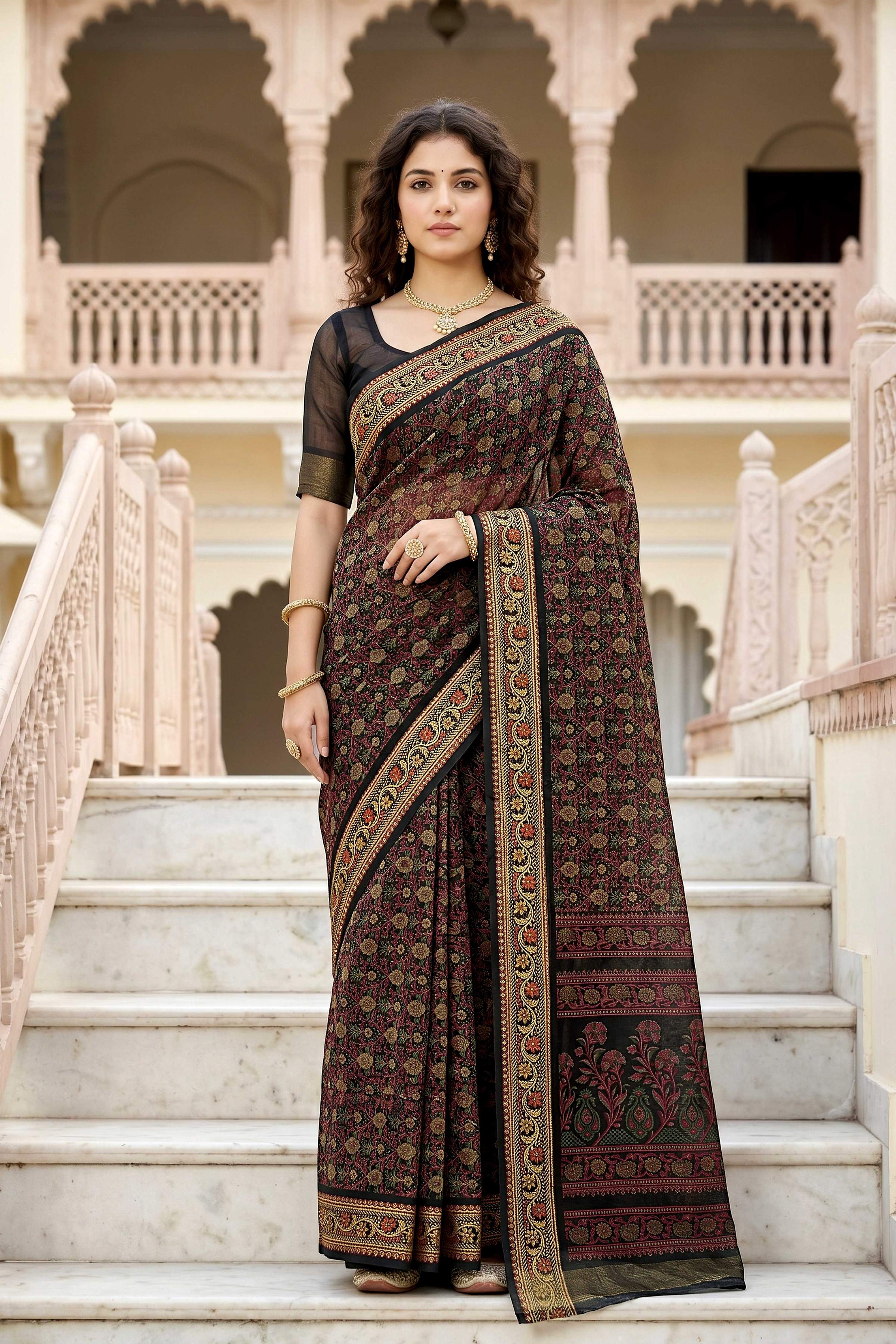 Sangam Prints Brown Cotton Print Woven Work Traditional Saree - Dista