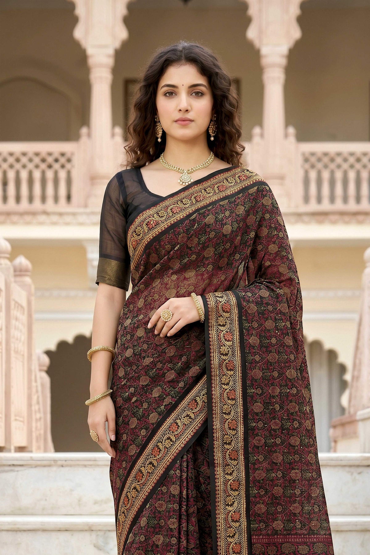 Sangam Prints Brown Cotton Print Woven Work Traditional Saree - Dista
