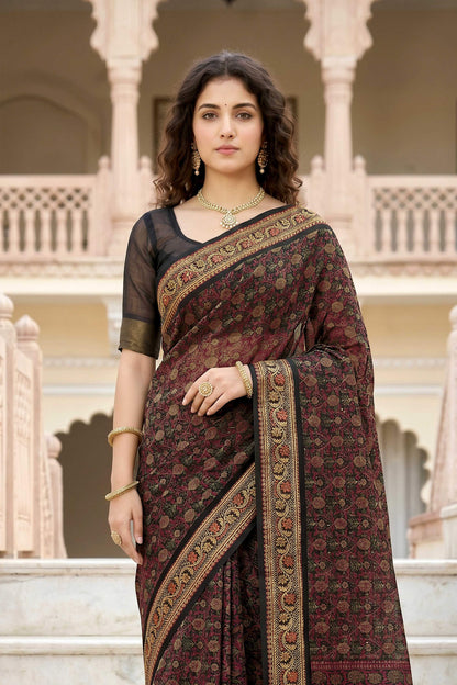 Sangam Prints Brown Cotton Print Woven Work Traditional Saree - Dista