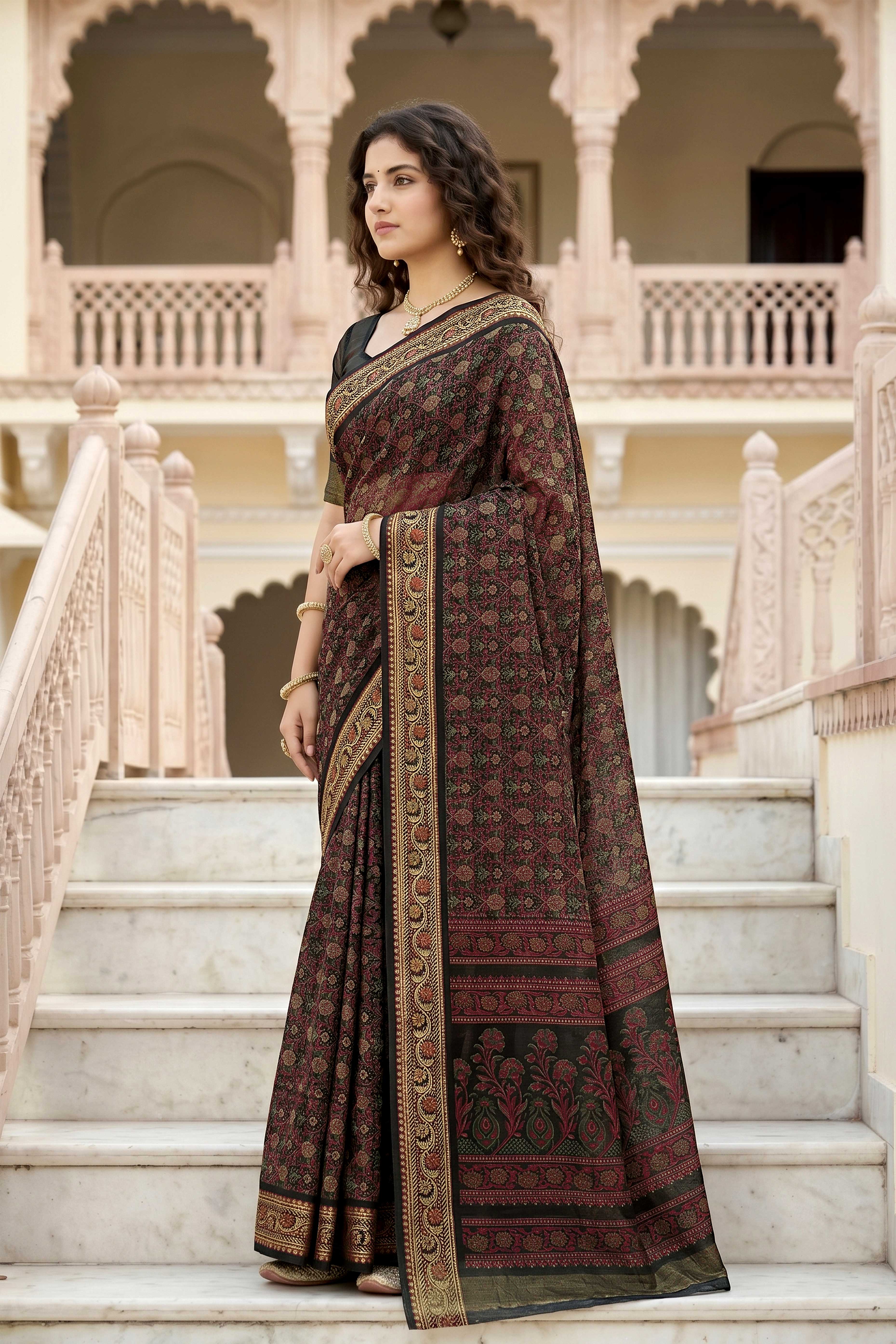 Sangam Prints Brown Cotton Print Woven Work Traditional Saree - Dista