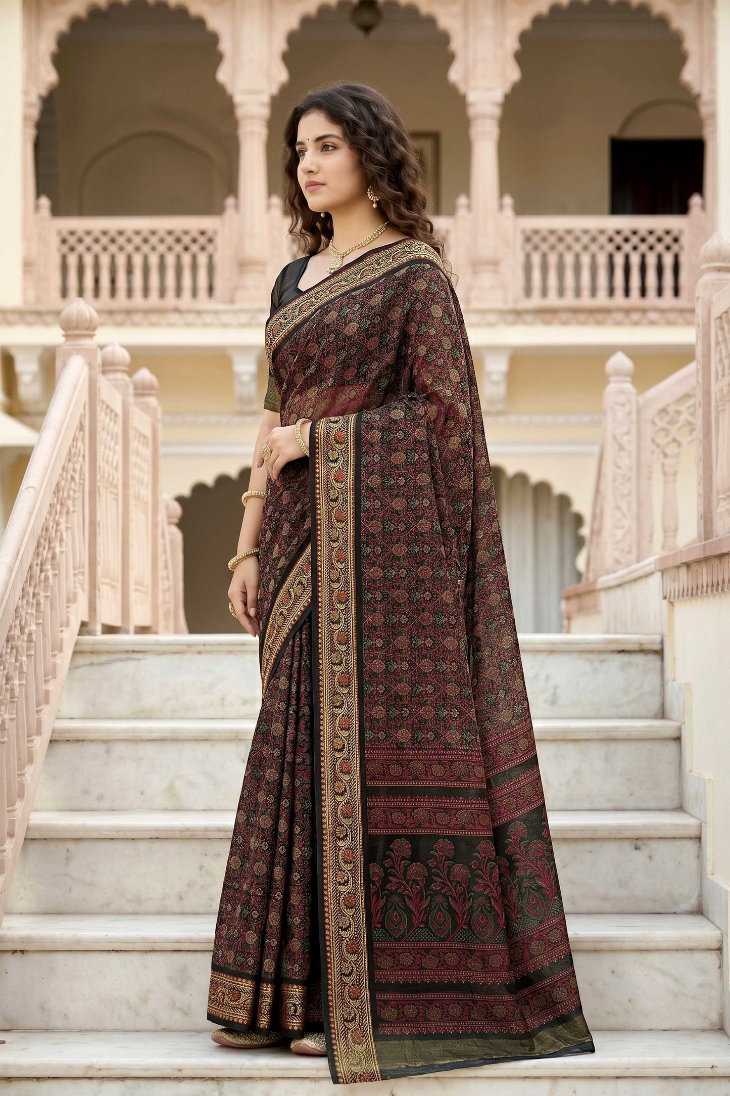 Sangam Prints Brown Cotton Print Woven Work Traditional Saree - Dista