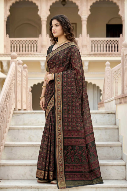 Sangam Prints Brown Cotton Print Woven Work Traditional Saree - Dista