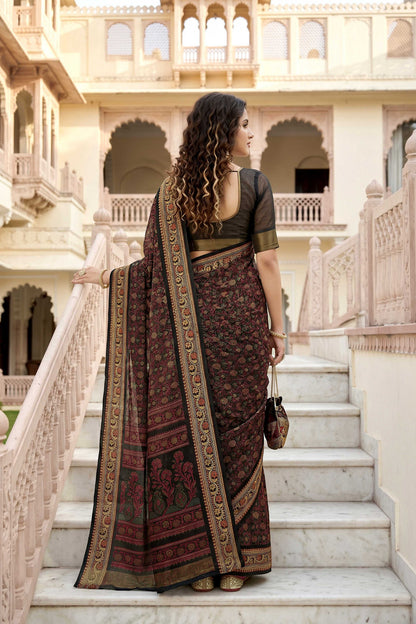 Sangam Prints Brown Cotton Print Woven Work Traditional Saree - Dista