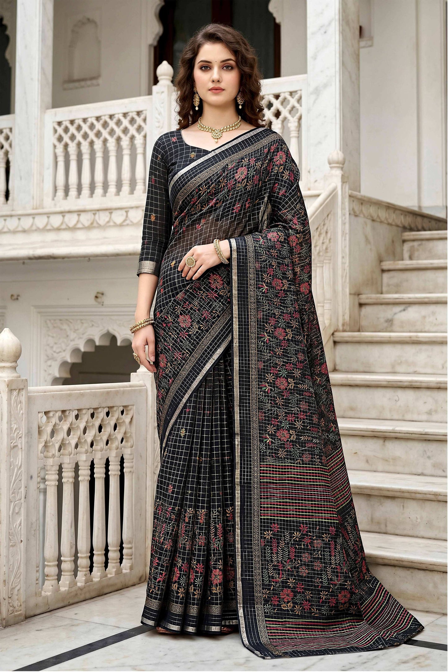 Sangam Prints Black Cotton Print Woven Work Traditional Saree - Dista