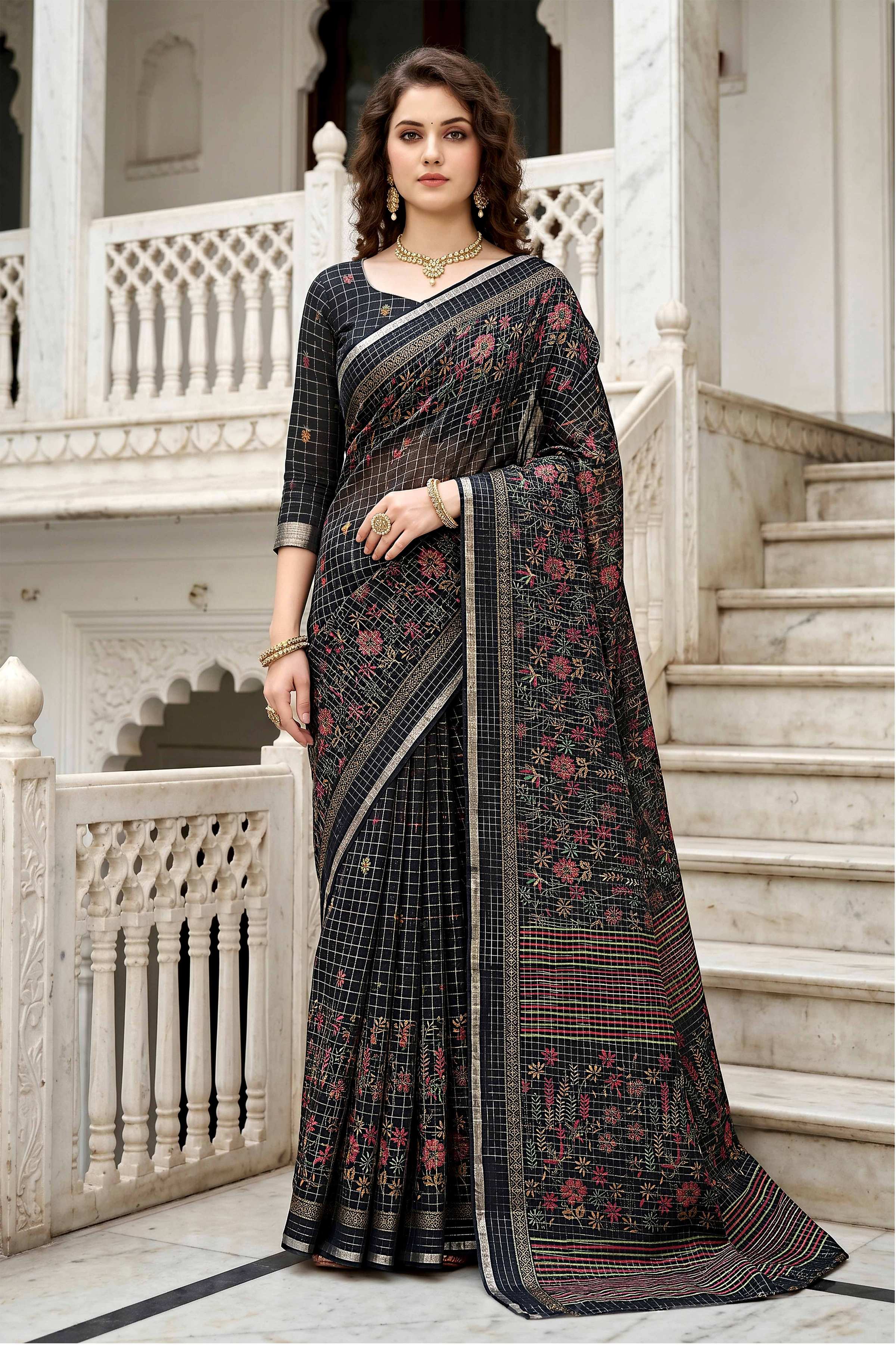 Sangam Prints Black Cotton Print Woven Work Traditional Saree - Dista