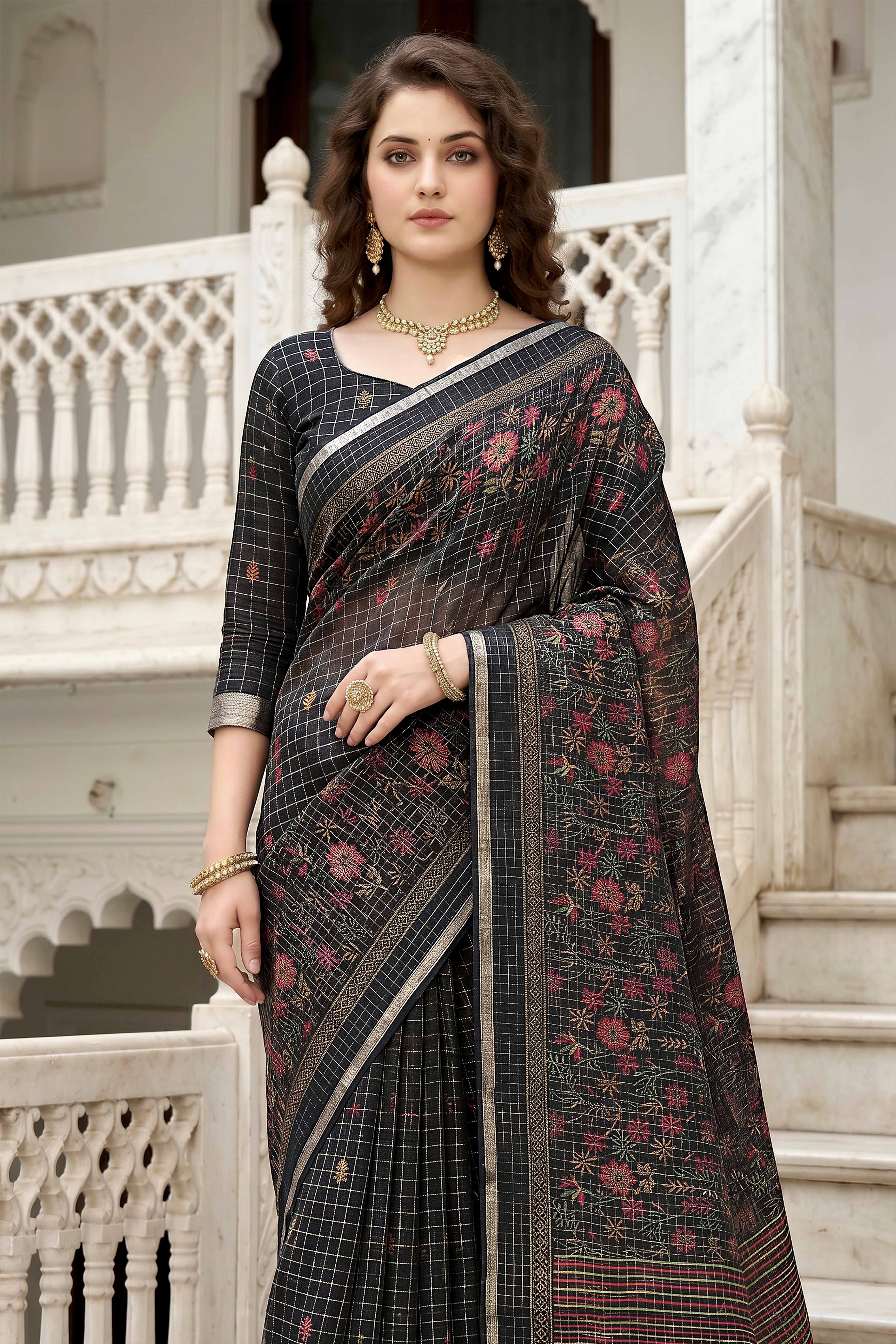 Sangam Prints Black Cotton Print Woven Work Traditional Saree - Dista