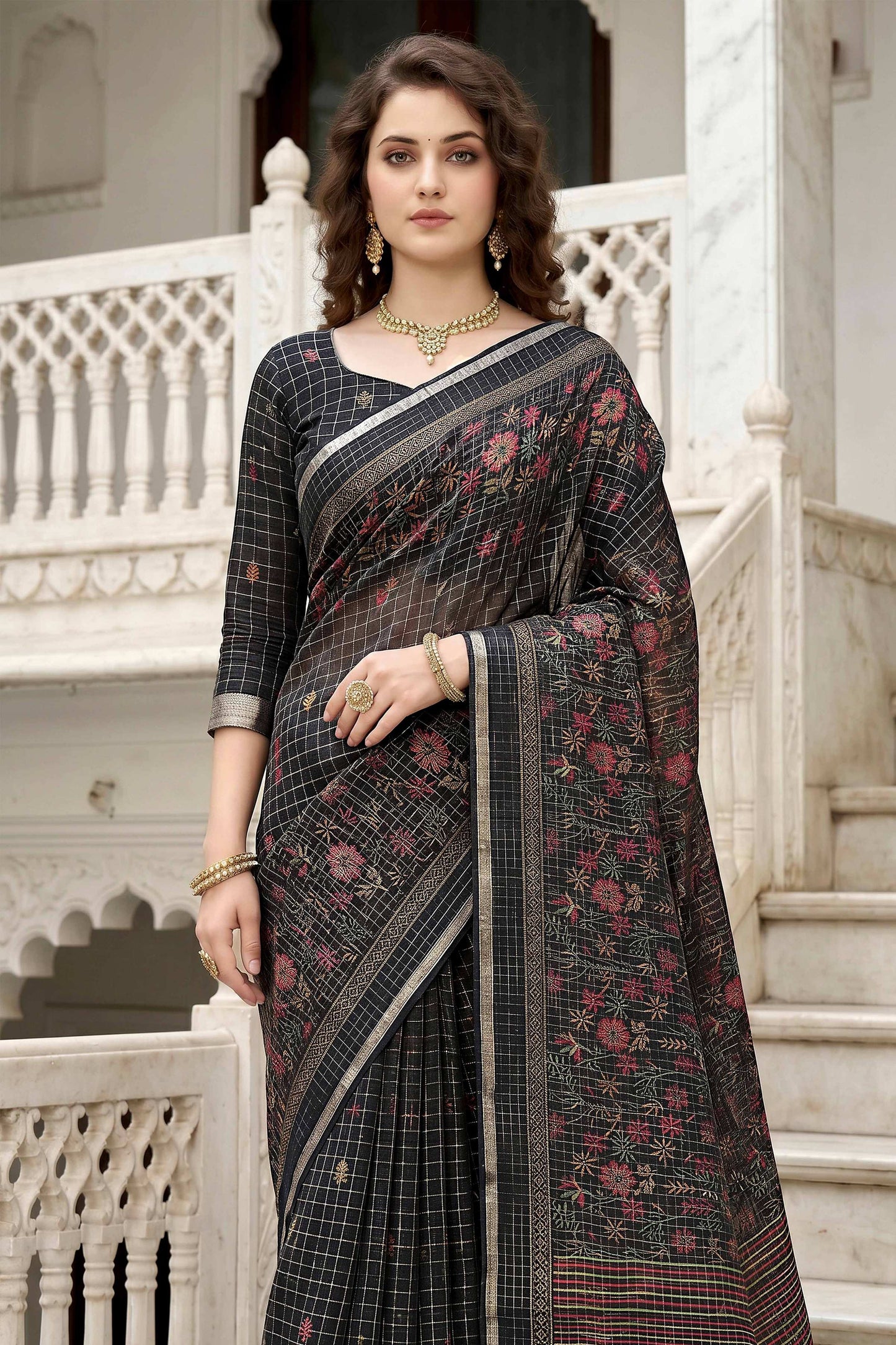 Sangam Prints Black Cotton Print Woven Work Traditional Saree - Dista