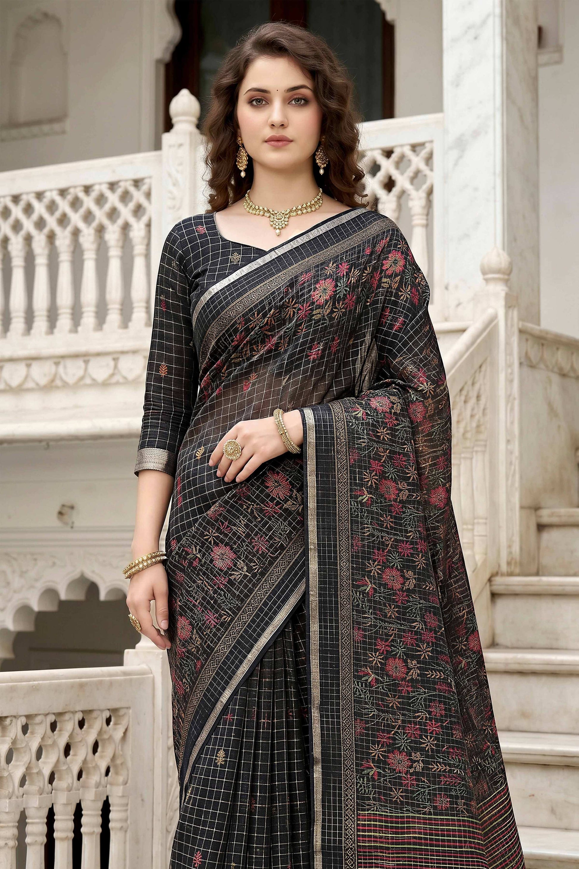 Sangam Prints Black Cotton Print Woven Work Traditional Saree - Dista