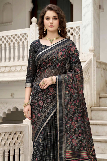 Sangam Prints Black Cotton Print Woven Work Traditional Saree - Dista