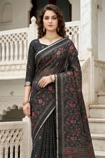 Thumbnail for Sangam Prints Black Cotton Print Woven Work Traditional Saree - Dista