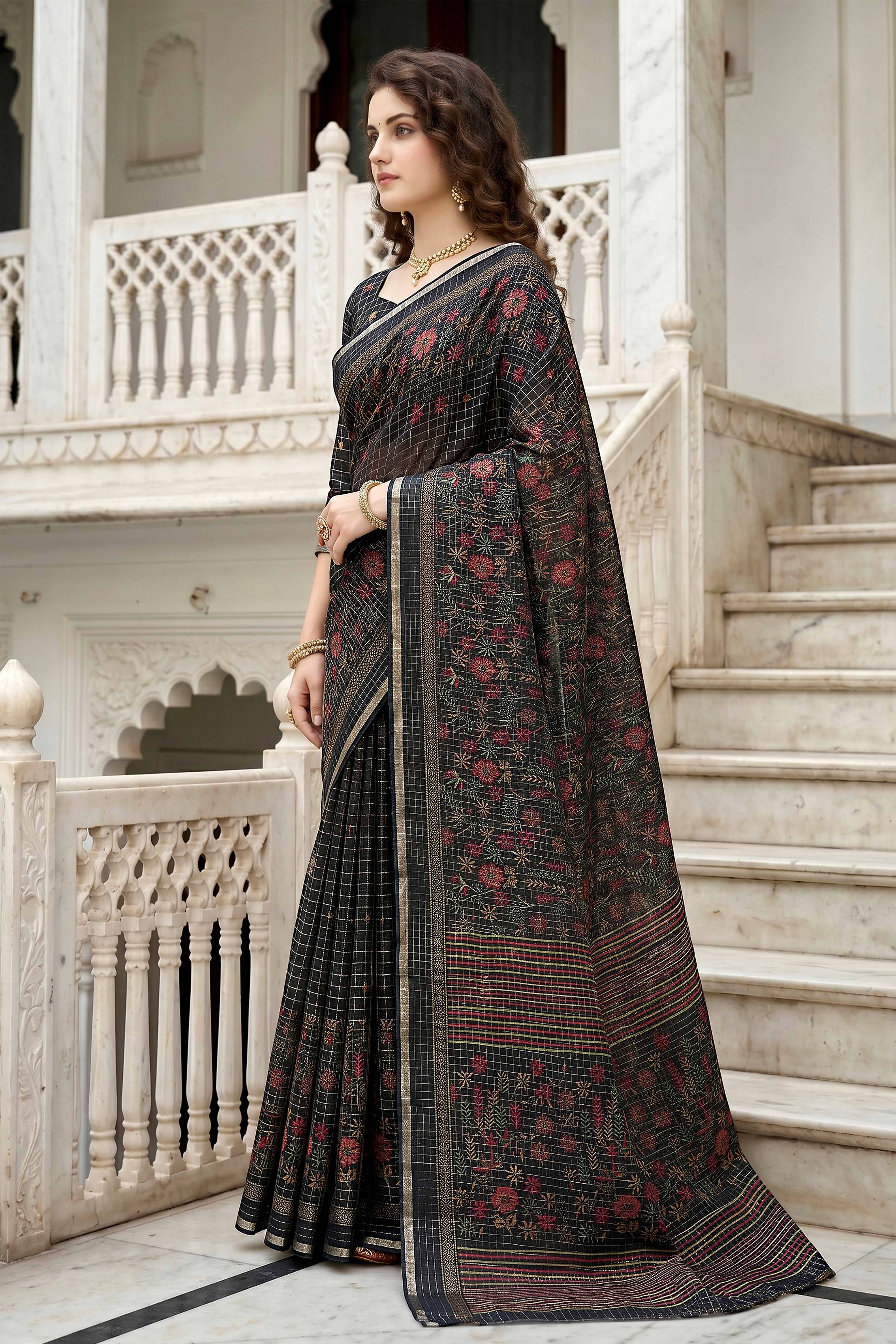 Sangam Prints Black Cotton Print Woven Work Traditional Saree - Dista