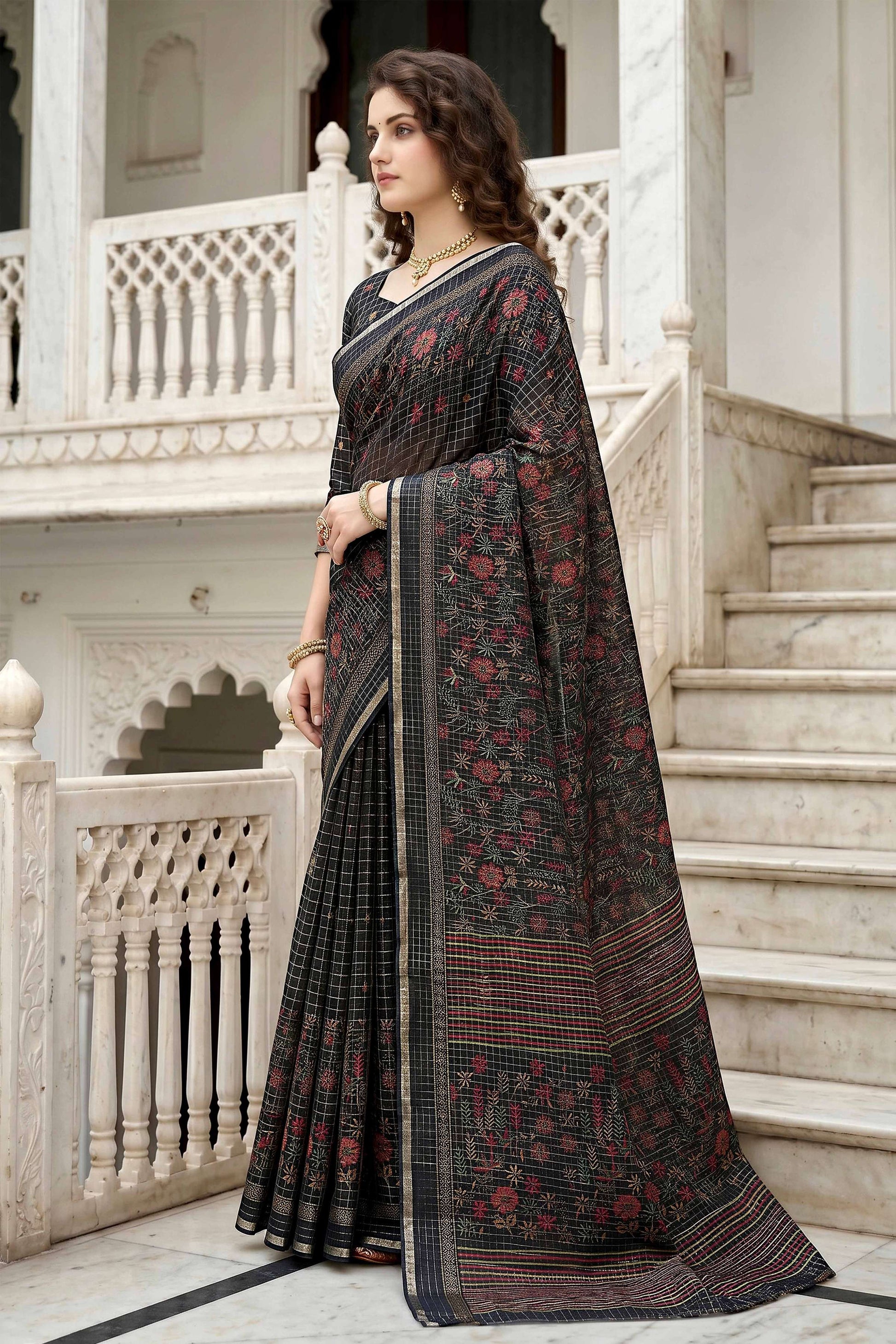 Sangam Prints Black Cotton Print Woven Work Traditional Saree - Dista