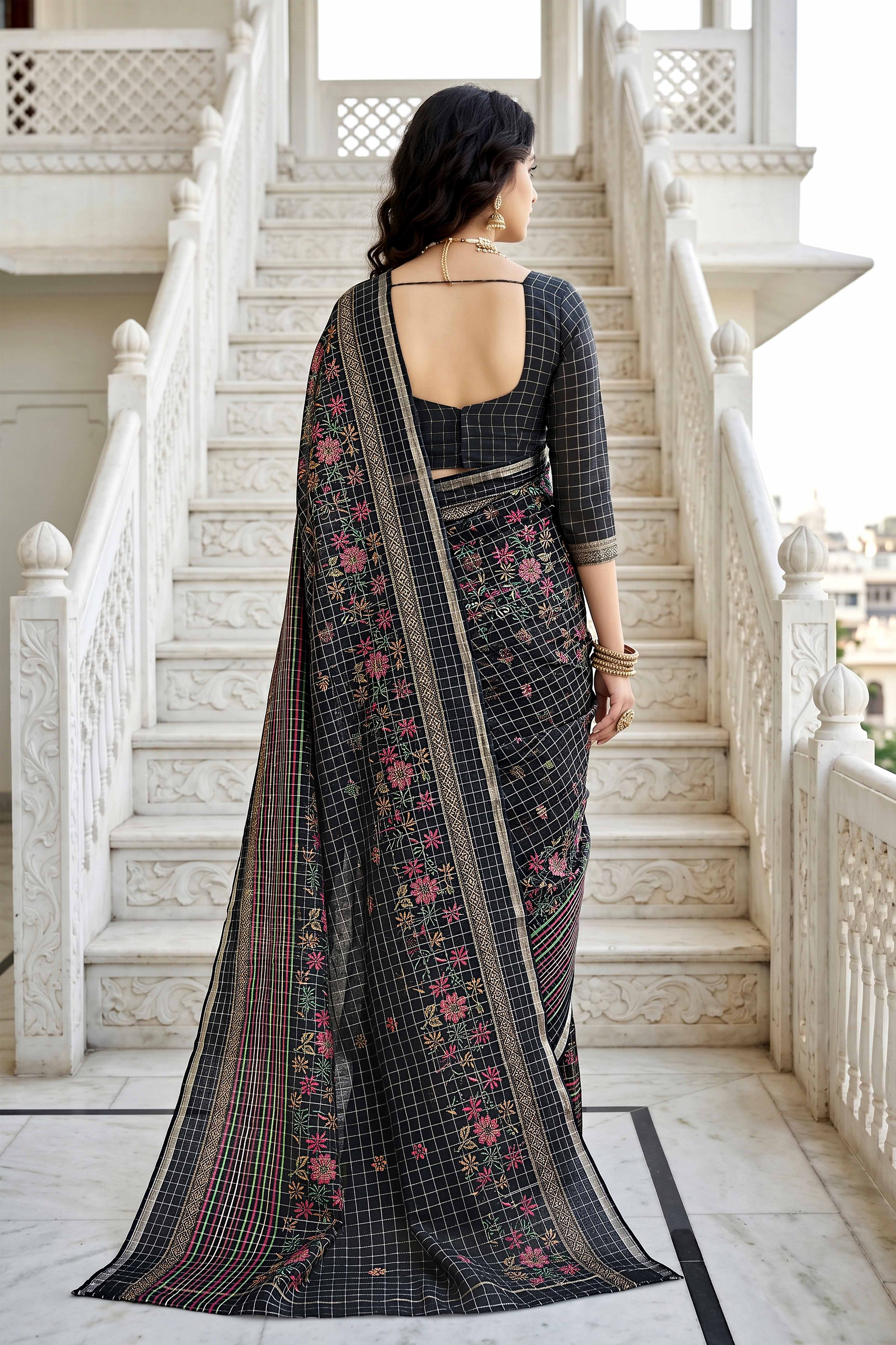 Sangam Prints Black Cotton Print Woven Work Traditional Saree - Dista