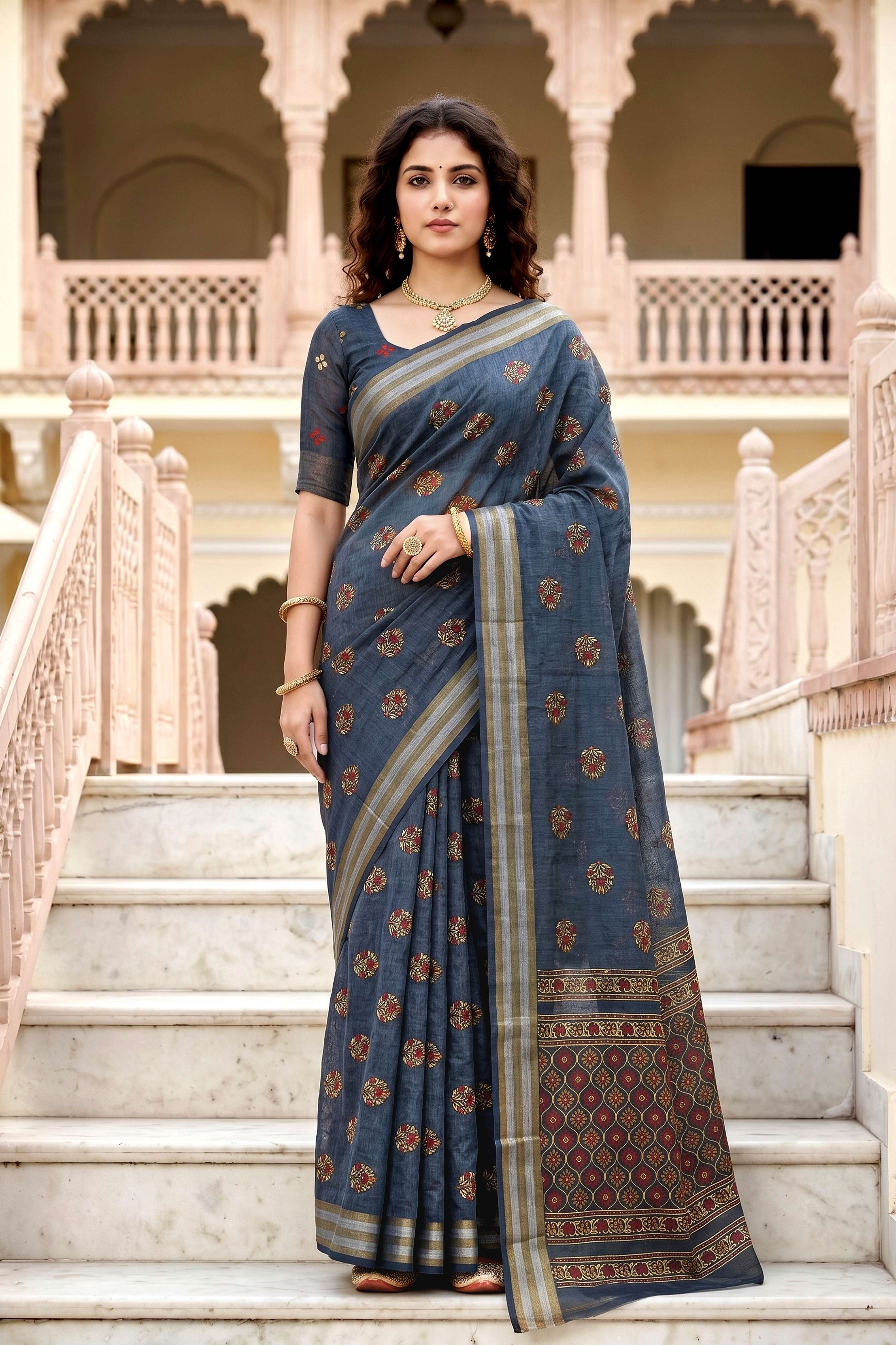 Sangam Prints Gray Cotton Print Woven Work Traditional Saree - Dista