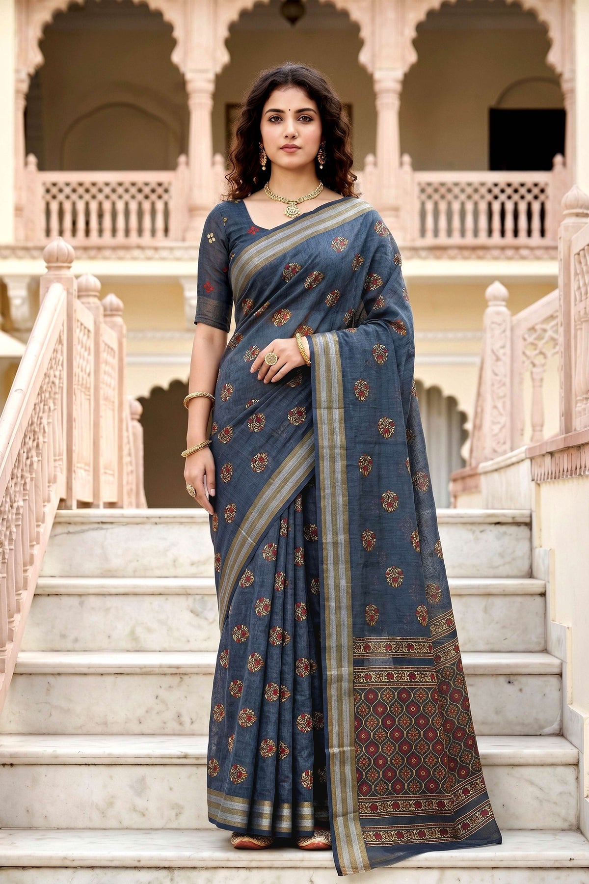 Sangam Prints Gray Cotton Print Woven Work Traditional Saree - Dista