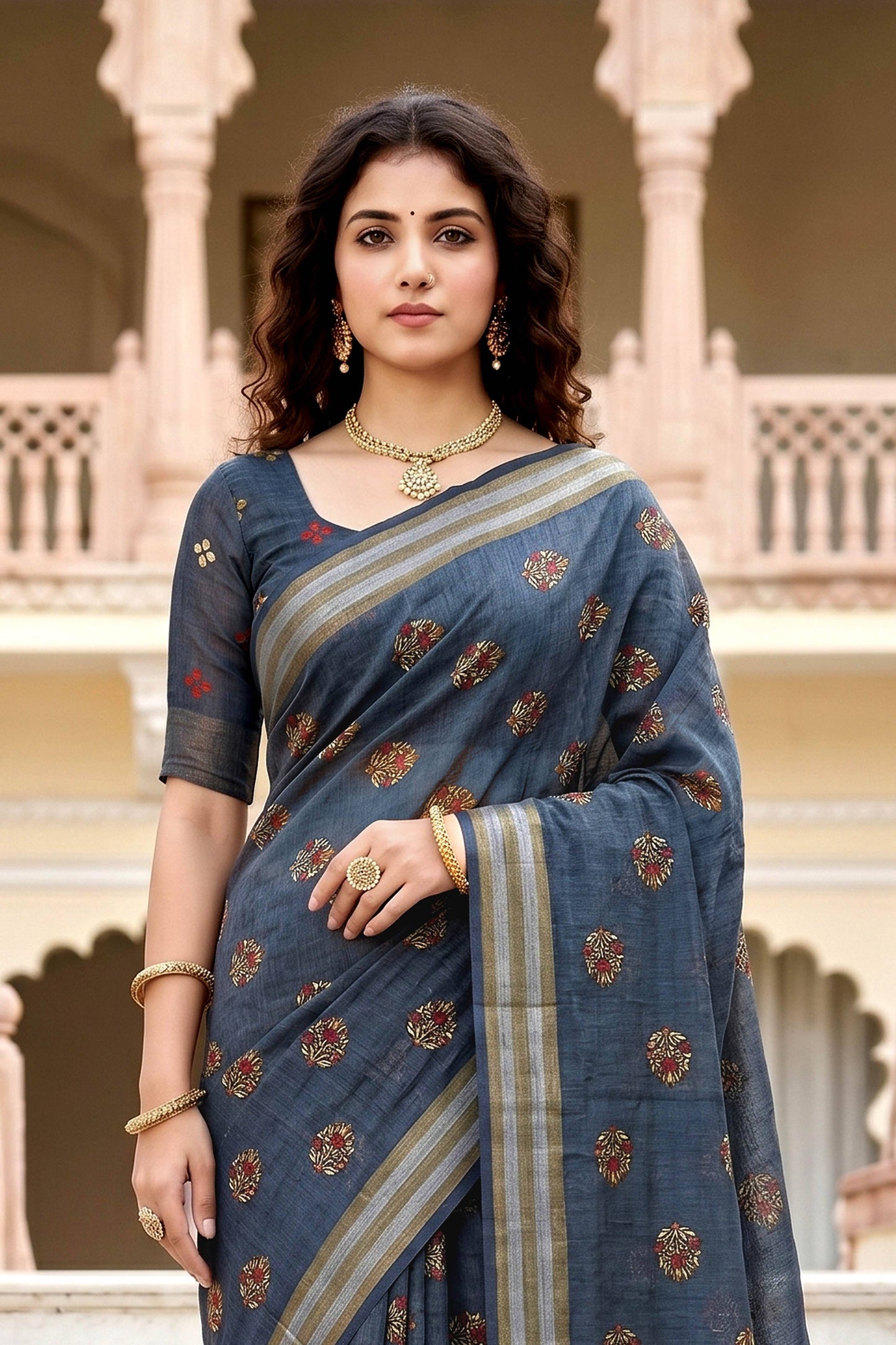 Sangam Prints Gray Cotton Print Woven Work Traditional Saree - Dista