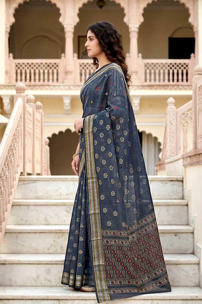 Sangam Prints Gray Cotton Print Woven Work Traditional Saree - Dista