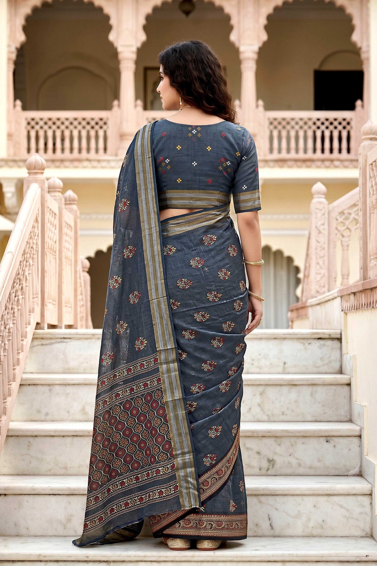 Sangam Prints Gray Cotton Print Woven Work Traditional Saree - Dista
