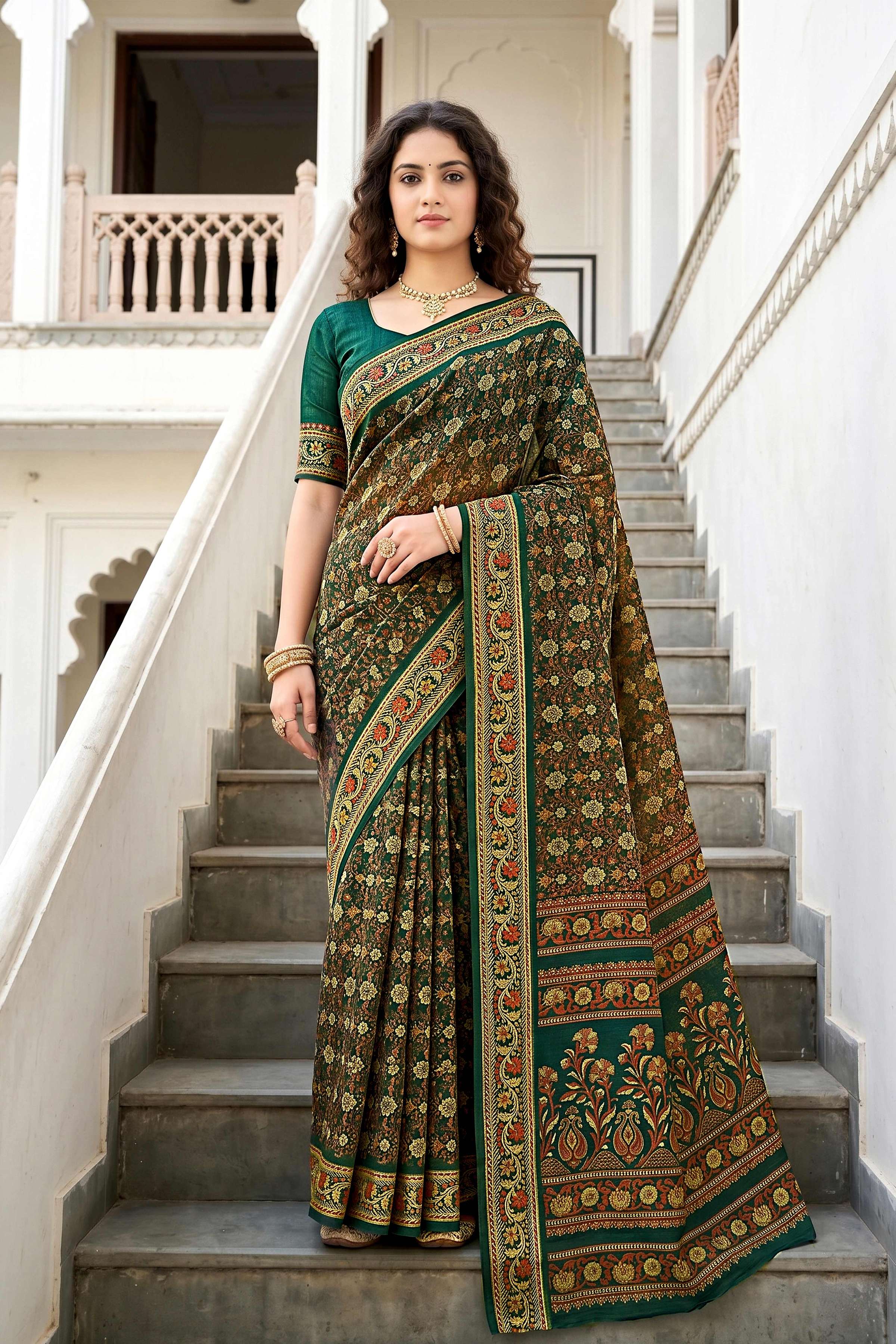 Sangam Prints Dark Green Cotton Print Woven Work Traditional Saree - Dista