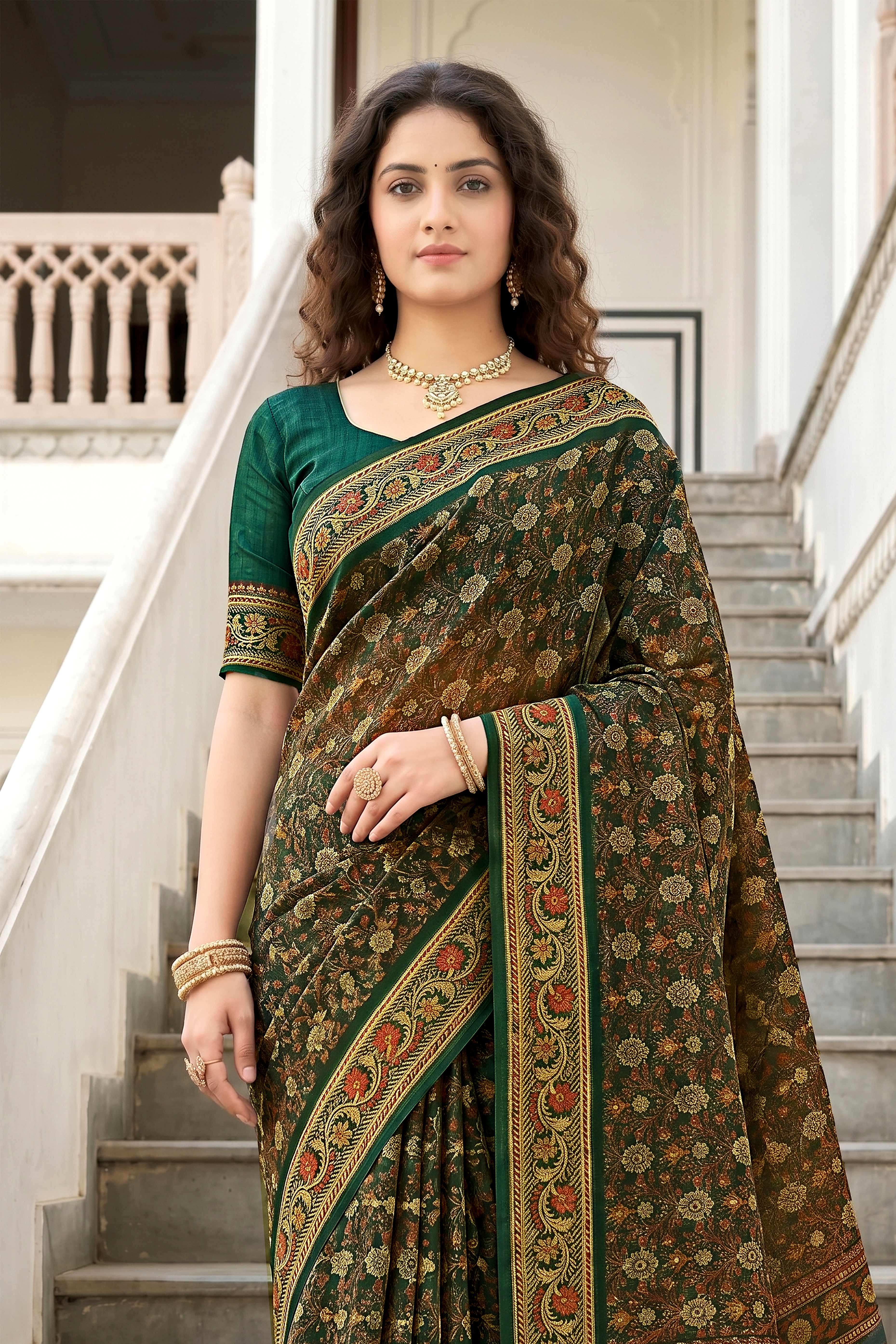 Sangam Prints Dark Green Cotton Print Woven Work Traditional Saree - Dista