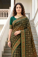 Thumbnail for Sangam Prints Dark Green Cotton Print Woven Work Traditional Saree - Dista