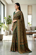 Thumbnail for Sangam Prints Dark Green Cotton Print Woven Work Traditional Saree - Dista