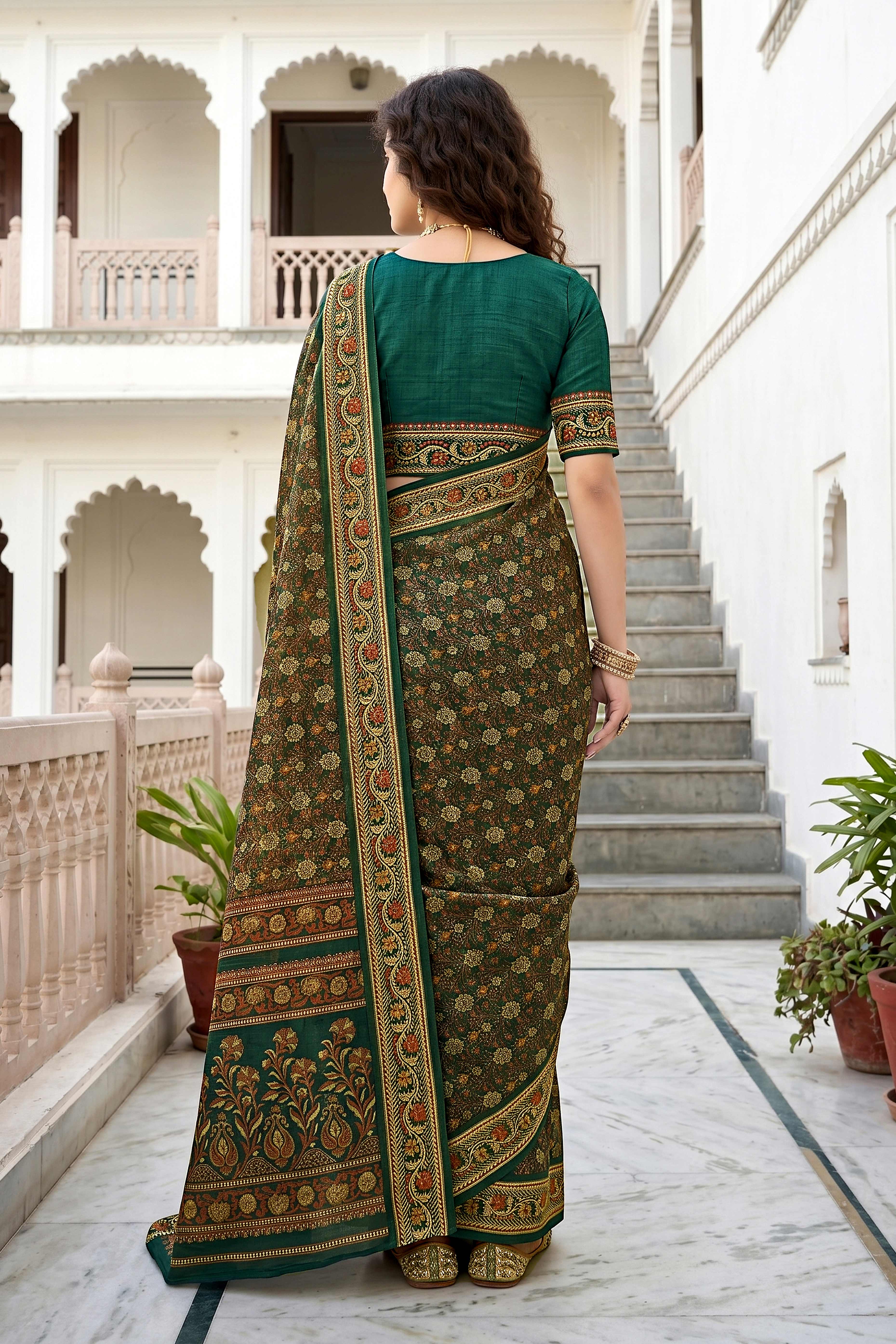 Sangam Prints Dark Green Cotton Print Woven Work Traditional Saree - Dista