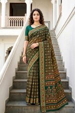 Thumbnail for Sangam Prints Dark Green Cotton Print Woven Work Traditional Saree - Dista